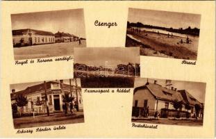Csenger, Árkossy Sándor üzlete, Royal és Korona vendéglő, Szamospart a híddal, strand, Postahivatal