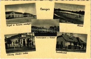 Csenger, Árkossy Sándor üzlete, Royal és Korona vendéglő, Szamospart a híddal, strand, Postahivatal