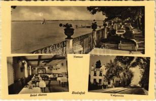 Budapest XXII. Budafok, belső étterem, terasz, Kutyavilla halászcsárda, hajó, hátoldalon reklám és térkép