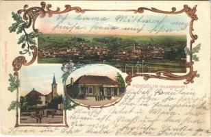 1906 Pörgölény, Pörgölin, Pilgersdorf; tér, templom, Kopfstein Miksa üzlete és saját kiadása / Platz, Kirche, Geschäft / square, church, shop. Art Nouveau (EK)