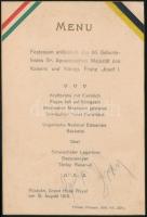 1916 Pöstyén, A Grand Hotel Royalban Ferenc József 86. születésnapja alkalmából rendezett ünnepi díszebéd/díszvacsora német nyelvű étlapja