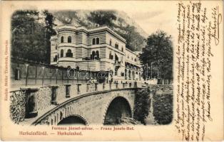 1906 Herkulesfürdő, Herkulesbad, Baile Herculane; Franz Josefs-Hof / Ferenc József udvar, híd. Müller Testvérek kiadása / spa, bath, bridge