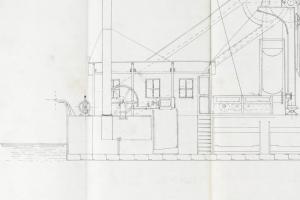 cca 1920-1930 Kotróhajó tervrajza, tus, papír, 51×70 cm
