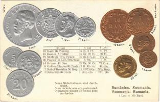 Román pénzérmék, ezüst és arany díszített dombornyomott / Rumänien, Roumania, Rumania / Romanian set of coins. H.S.M. golden and silver Emb.