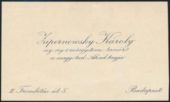 cca 1930 Zipernowsky Károly (1853-1942) mérnök névjegykártyája, hátoldalon saját kézzel írt soraival