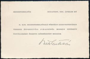 1931 Bp., Bethlen István (1874-1946) nyomatott aláírása köszönő kártyán