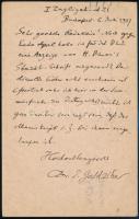 Goldziher Ignác (1850-1921) orientalista, egyetemi tanár saját kézzel írt és aláírt levelezőlapja