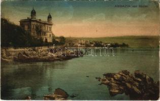1908 Abbazia, Opatija; von Süden / general view, seashore. Rheinische Kunstverlagsanstalt Heinrich Lenz + FIUME - ZÁGRÁB 64. sz. vasúti mozgóposta bélyegző (EK)