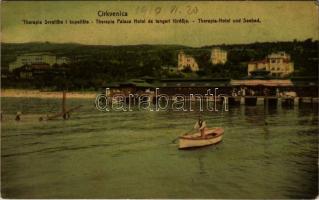1910 Crikvenica, Cirkvenica; Therapia Svratiste i kupaliste / Therapia Palace Hotel szálloda és tengeri fürdője, csónak / hotel, spa, bath, boat (EK)