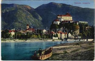 Kufstein (Tirol), Innpartie / general view, bridge, riverbank, castle, boat. Ed. Lipott u. Ant. Karg No. 169B.