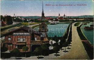 1919 Mainz, von der Eisenbahbrücke mit Winterhafen, Mainzer Ruder Verein / street view, winter port, rowing club