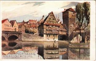 Nürnberg, Nuremberg; Maxbrücke mit Burg / bridge, castle. artist signed