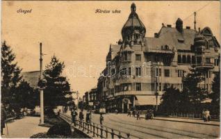 Szeged, Kárász utca, villamos, Corso kávéház. Vasúti Levelezőlapárusítás 76. sz. - 1918.