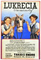 cca 1920-1930 Lukrecia Lószerszámolaj, színes litografált reklám plakát, kiadta: Takács Endre, Újpest, Attila-nyomda, restaurált, 49x34 cm