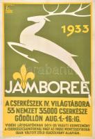 cca 1933 Márton Lajos (1831-1953): 1933 Jamboree, cserkész plakát, Bp., Klösz-ny., hajtásnyomokkal, restaurált, 95x63 cm./ cca 1933 Lajos Márton (1831-1953): 1933 Jamboree, scout poster, Bp., Klösz, restored, with folding marks, 95x63 cm