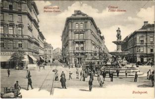 Budapest VIII. Baross utca, Üllői út, Kálvin tér, villamos, szökőkút, gyógyszertár, üzletek, Calvin kávéház, vendéglő, étterem. Divald Károly 109. sz.