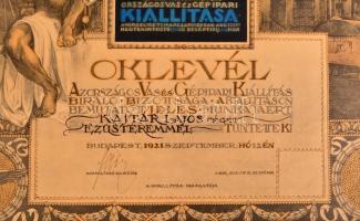1921 Tary Lajos (1884-1972): Országos Vas és Gépipari Kiállítás díszes ezüst érmes oklevele, a bizot...