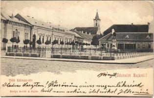 1901 Baja, Tóth Kálmán tér, templom, Goldschmidt Zsiga és Morvay Vilmos üzlete. Kollár A. kiadása (EK)
