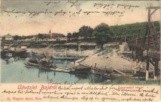 1903 Baja, Sugovica parti részlet, fahíd, halász csónakok. Ifj. Wagner Antal kiadása (EN)