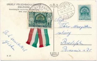 1940 Nagybánya, Baia Mare; bevonulás, teherautó. Hátoldalon emlékbélyegzés magyar szalaggal / entry ...