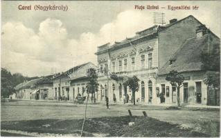 Nagykároly, Carei; Piata Unirei / Egyesülési tér, Egeli J. üzlete / square, shops + 1940 Nagykároly visszatért So. Stpl