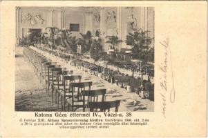 1912 Budapest V. Katona Géza éttermei, Ő Felsége XIII. Alfonz Spanyolország királya tiszteletére 1908. okt. 2-án a 38. gyalogezred által adott és Katona Géza által felszolgált villásreggelihez terített asztal, belső. Váci utca 38.