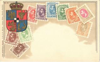 Romania / Romanian stamps and coat opf arms. Carte philatélique Ottmar Zieher No. 32. litho