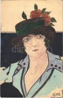 1913 Kézzel festett művészlap, hölgy / Hand-painted art postcard, lady s: Ifj. N.M. (EK)