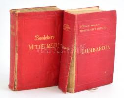 2 db útikönyv: Baedekker: Mittelmeer (Földközi tenger) 1909-es kiadás, Lombardia, Touring Club Italiano, Milano, 1930. Kissé megviselt egészvászon kötésben.