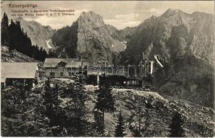 Kaisergebirge (Tirol), Unterkunfts- u. Schlafhaus Vorderkaiserfelden mit Wilden Kaiser / chalet, tourist house. Kunstverlag Anton Karg