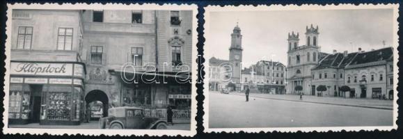 cca 1920-1930 Besztercebánya 2 db fotó, egyiken a főtérrel, 6x9 cm / cca 1920-1930 Banska Bystrica, 2 photos, 6x9 cm