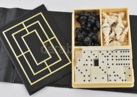 Mini úti sakk figura készlet és dominók dobozban + malom nevű játék táblája, bőr tokban