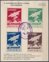 1933 Az első cserkészrepülőposta emlékére emléklap, rajta 4 klf színű levélzáró és a repülő altábor parancsnokság bélyegzése / Jamboree airmail Souvenir card with 4 different labels and special cancellation