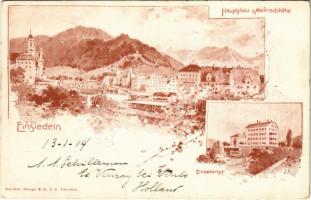 1904 Einsiedeln, Hauptplatz u. Meinradshöhe, Einsiedlerhof / general view, main square. Verl.-Anst. Benziger & Co. Art Nouveau (fl)