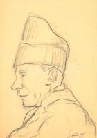 Schönberger Armand (1885-1974): Sapkás férfi portréja. Kétoldalas mű, hátoldalán kalapos férfi portréja. Szén, papír, jelzett. Hátoldalán MNG kiviteli pecséttel. Üvegezett fa keretben, 23×16 cm