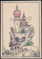 Kónya Zoltán (1891-?): Ifjabb Gulliver utazása Lilliputban, könyv borítóterv (1919), vegyes technika, papír, jelzett, 21×15 cm / Zoltán Kónya (1891-?): The travel of Gulliver the younger  in Lilliput, book sleeve draft, mixed technique on paper, signed,  21×15 cm