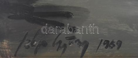 Szép György (1944-): Az éjszaka fényei. Olaj, farost, jelzett, datált (1989), keretben, 60×60 cm. Sz...