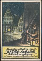 1925 Nyugodtan alhatom, mert Kallós lakatok vannak az ajtókon, Kallós J. Gyula Fémárugyára, Bp., Weiss L. és F.-ny., jelzett a nyomaton, (WLF 1925), reklám nyomtatvány, 15x10 cm