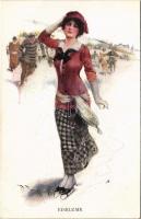 Eisblume / ice skating lady, winter sport art postcard. M. Munk Wien Nr. 1114. artist signed