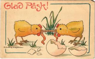 Glad Pask! / Swedish Easter greeting card with chicken. Svenska Litografiska Ser. 281. litho s: S. Sundius-Dahlström (EM)