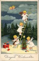 Gesegnete Weihnachten / Christmas greeting card with angels with ladder and toys. Meissner & Buch Künstler-Postkarten Serie 2362. litho s: L. D. (EK)