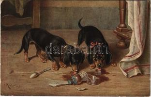 1918 Dachshund dogs. T.S.N. Serie 1565. No. 1. s: C. Reichert (EB)