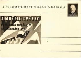 1948 Tátra, Magas Tátra, Vysoké Tatry; Zimné Sletové Hry vo Vysokych Tatrách / Les Jeux dHiver dans les Hautes Tatras / Téli sportjátékok a Magas Tátrában reklámlap / winter sport games at the High Tatras advertising card