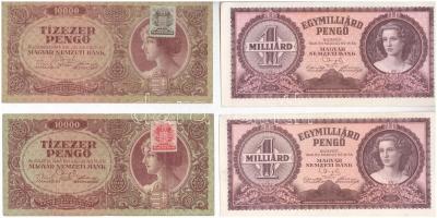 1945. 1000P (3x) piros MNB bélyeggel + 10.000P (3x) 2 barna MNB bélyeggel, 1 piros + 1946. 1.000.000.000P (2x) T:I-III