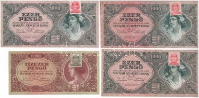 1945. 1000P (3x) piros "MNB" bélyeggel" + 10.000P (3x) 2 barna "MNB" bélyeg...