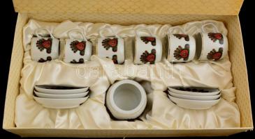 Hollóházi porcelán kávéskészlet, Kőbányai Gyógyszerárugyár Budapest felirattal, 6 db csészével és al...