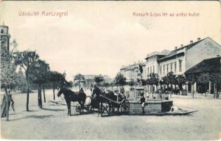 Karcag, Kossuth Lajos tér, artézi kút, lovaskocsik vizes hordókkal. W.L. 1855.