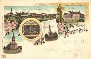 1900 Kecskemét, városház, katolikus plébánia templom, Szentháromság szobor, Főpiac tér, Fekete Mihály üzlete és saját kiadása. Art Nouveau, floral, litho