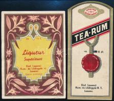 Első Losonci Rum- és Likőrgyár Rt. 2 db italcímkéje: Liqueur Superience és Tea-rum, 10x7 cm és 11x5 cm