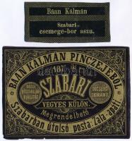 cca 1873 után Szabari vegyes külön(legeség) és csemege-bor aszu Baán Kálmán szabari pincéjéből, italcímkék, 2 db, az egyiken kis szakadással, 7x10 cm és 3x7 cm közötti méretben